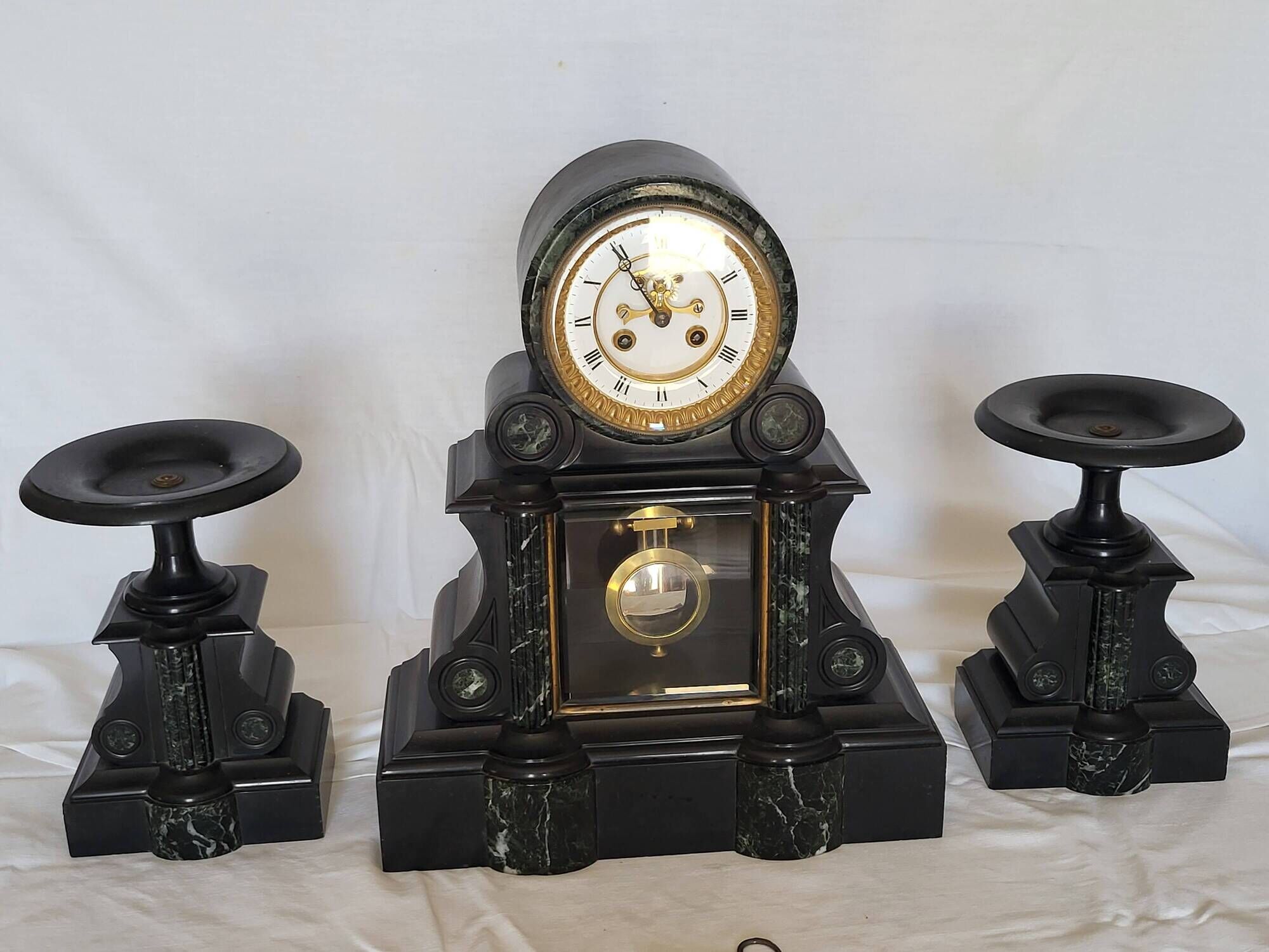 Napoleon III fireplace garniture, black marble and sea green.