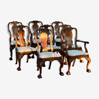 Ensemble de 2 fauteuils et 6 chaises Chippendale 19ieme en bois sculpté