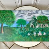 Tableau huile sur toile paysage église pointillisme ancien