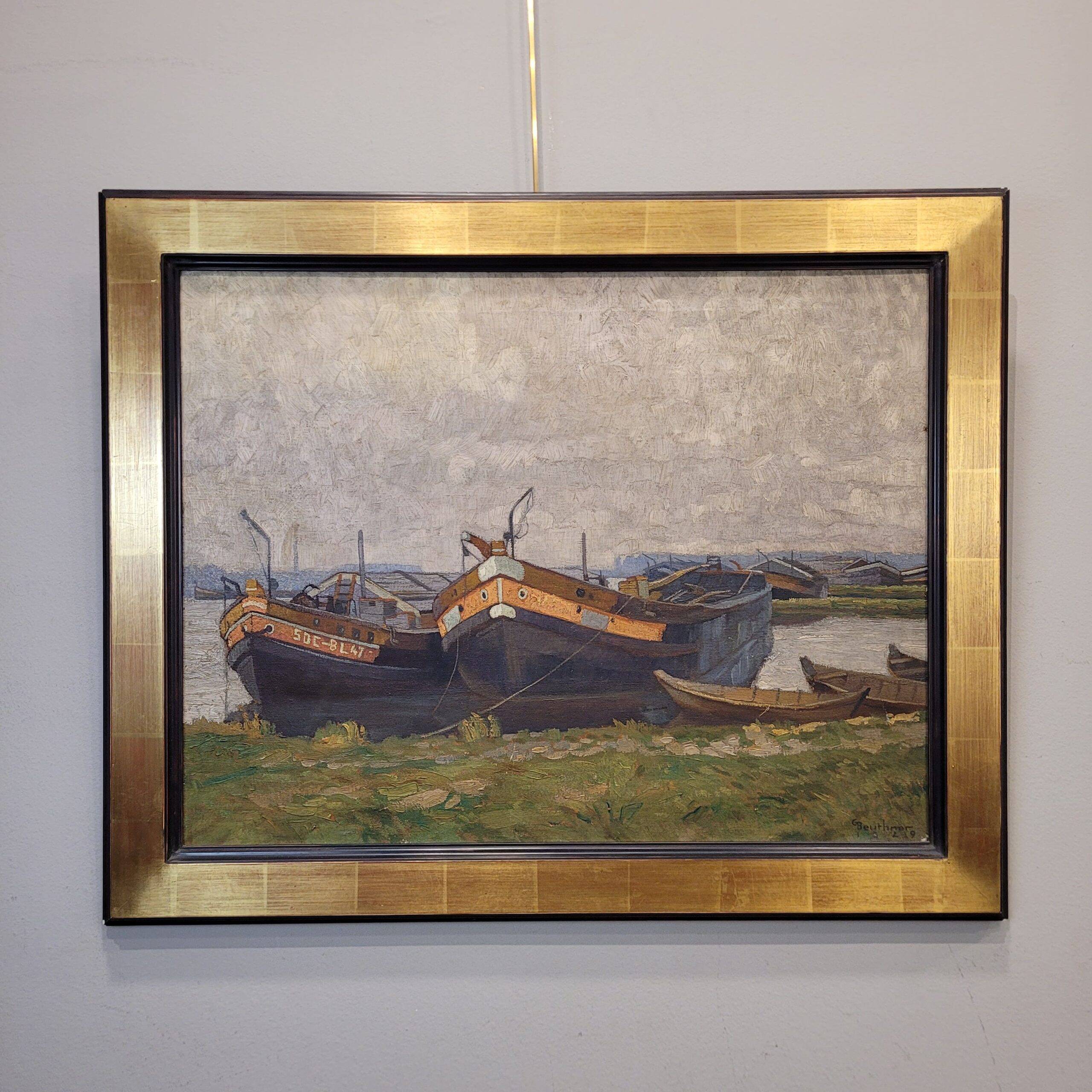 "Boats moored on the shore" Gerard Beutner, Art Deco, 1920s – Poland