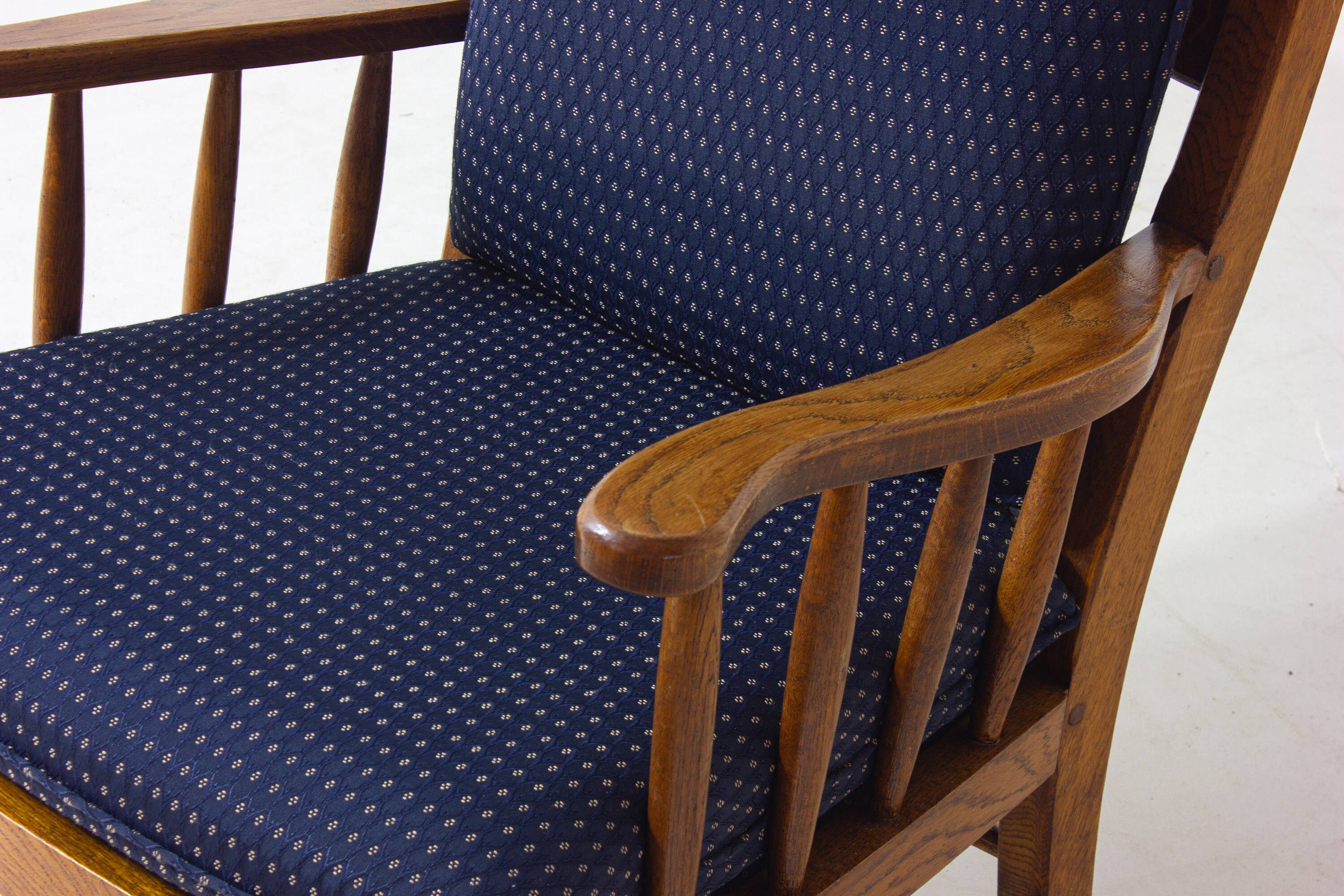French lounge chair in oak and blue fabric, 1960s
