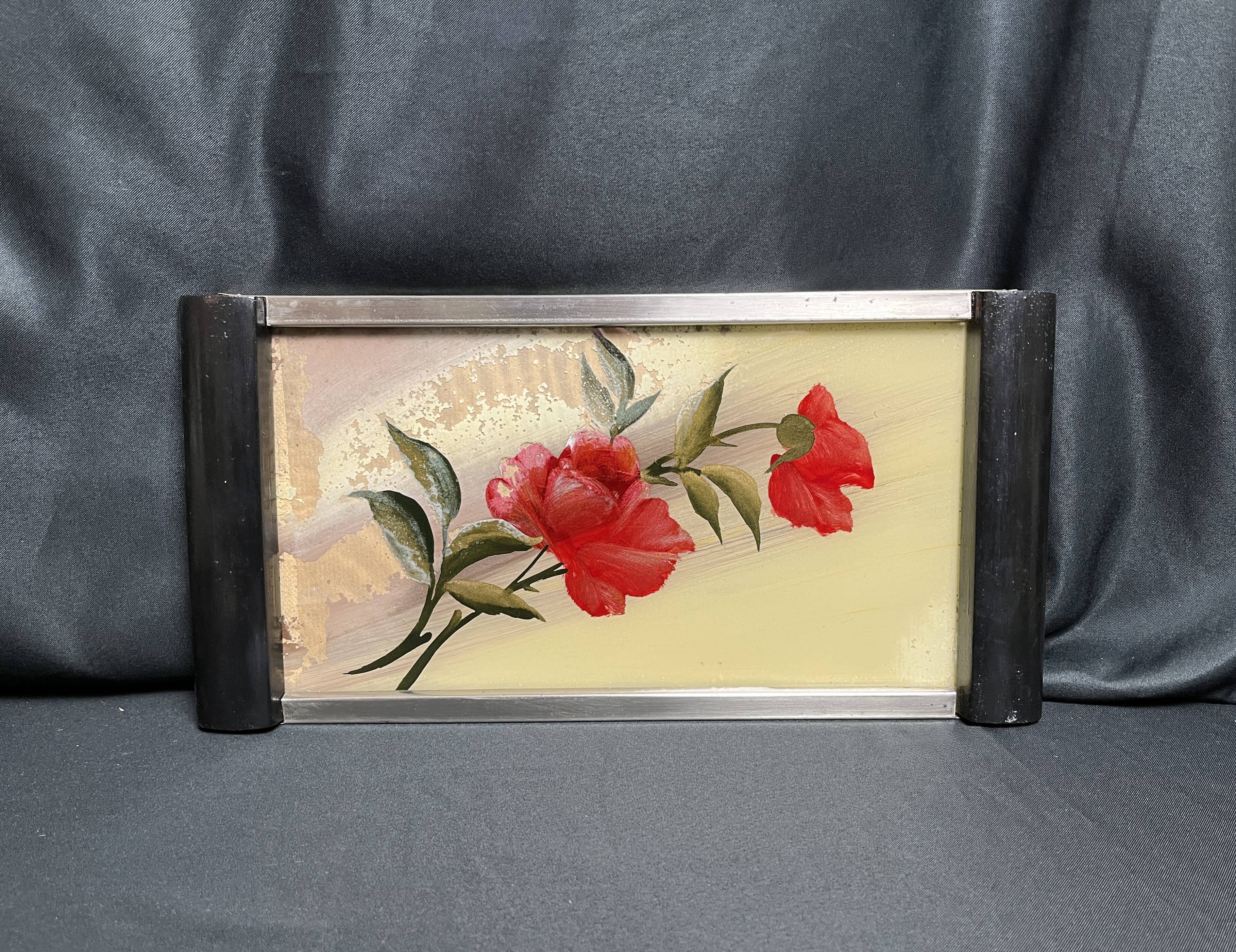 Art Deco, gouache tray under glass, black wood handles, circa 1930