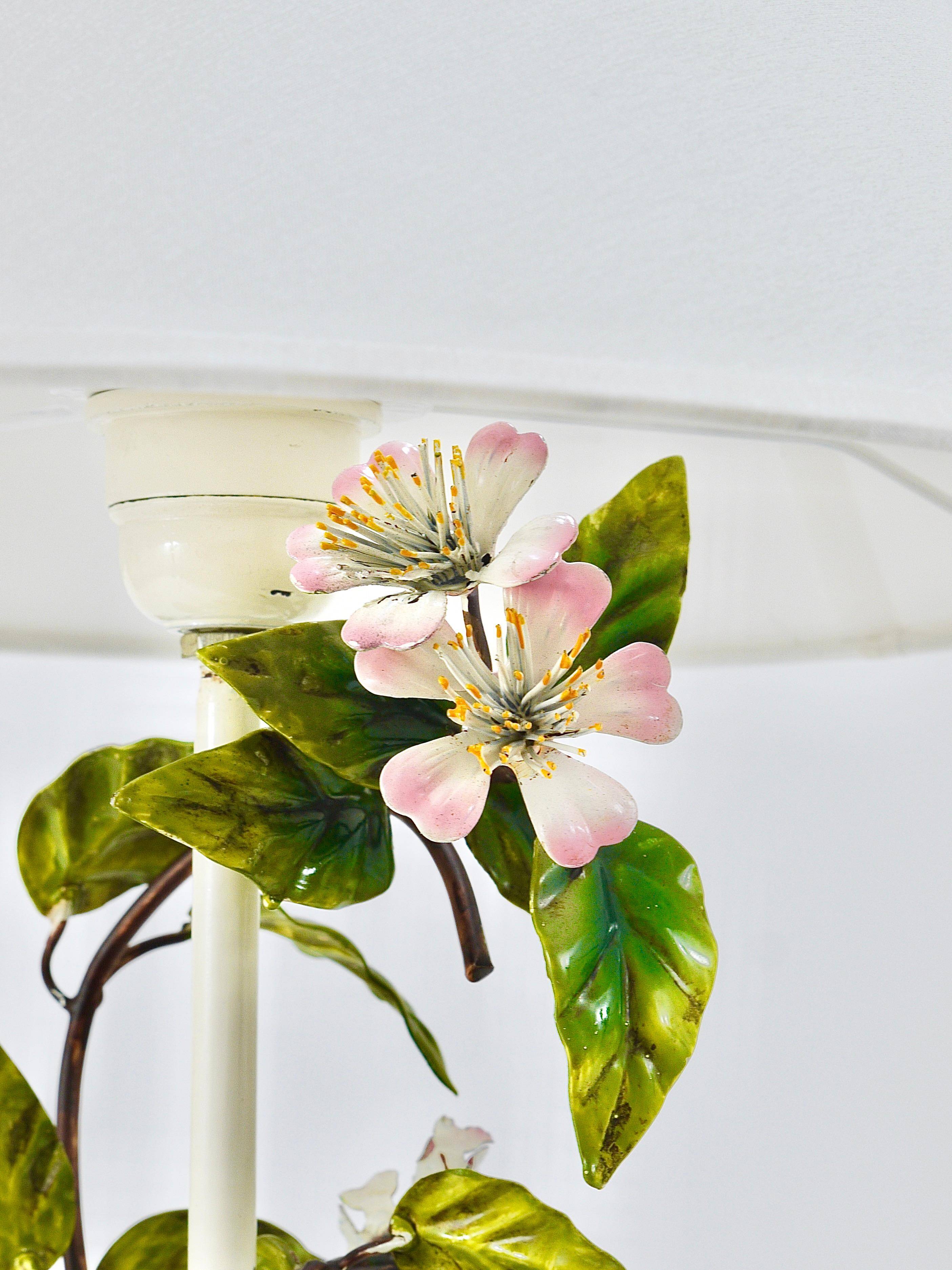 Hand-painted Toleware table lamp with wild apple blossom flowers, Salvadori, Italy, 1950s.