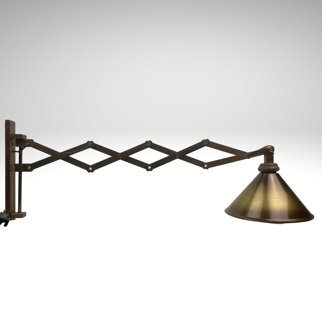 Midcentury wood and brass scissor wall lamp, Dutch 1960s