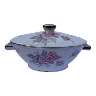 Antique soup tureen with pink, grey, and silver decoration.