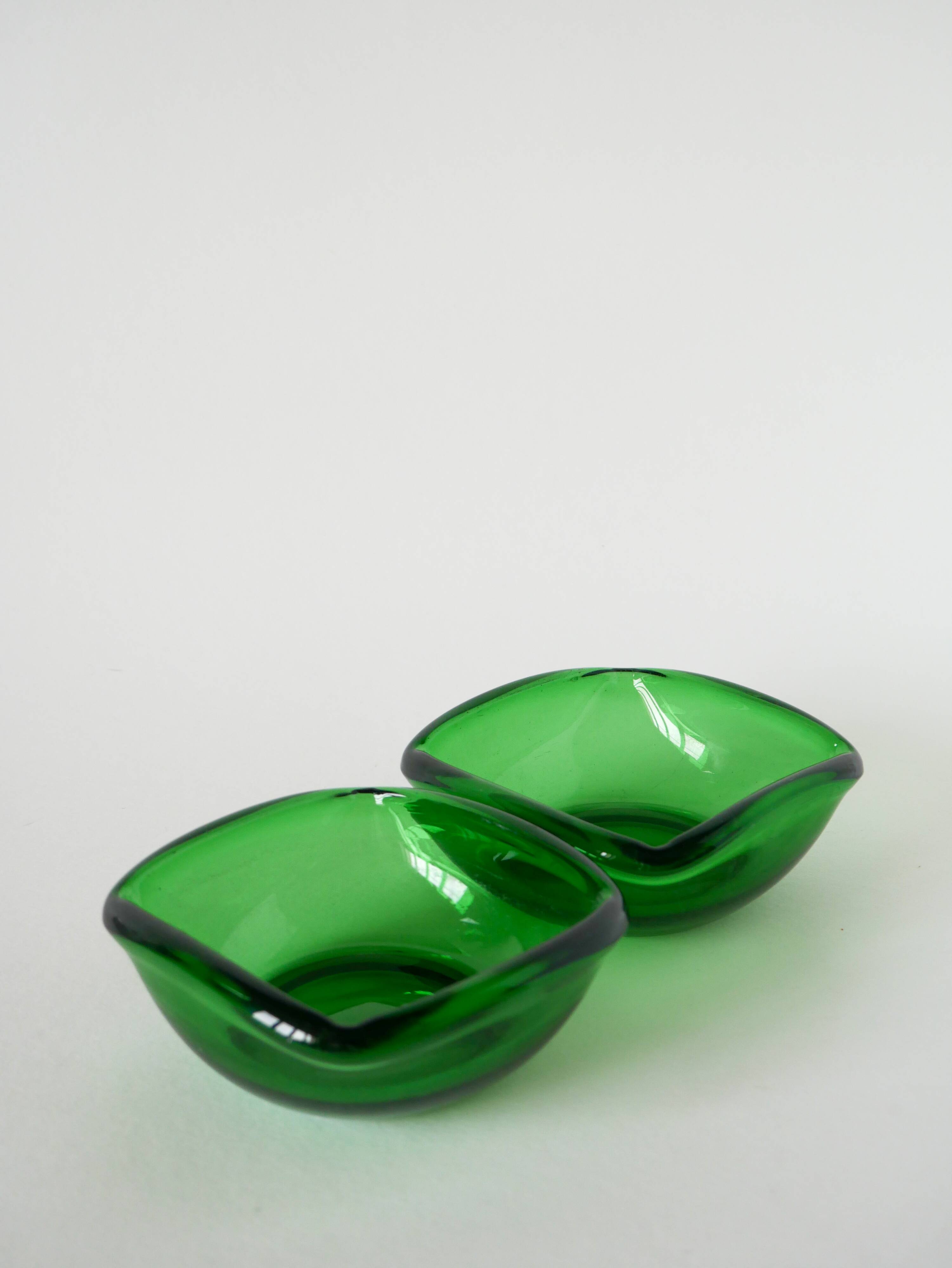Pair of green colored glass storage compartments, in the Murano style, 1970