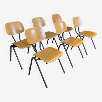 Ensemble de 6 chaises d'école Marko pieds trombone gris bleu Pays-Bas années 70