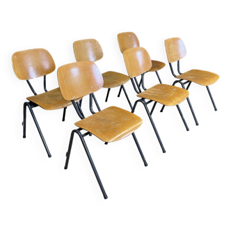 Set of 6 Marko school chairs with blue gray trombone legs Netherlands 1970s