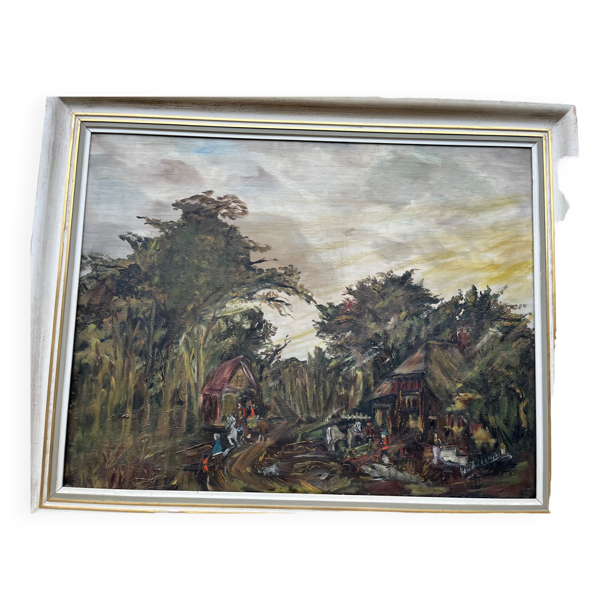 Painting, oil on canvas signed, forest landscape with horsemen