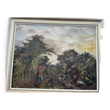 Painting, oil on canvas signed, forest landscape with horsemen