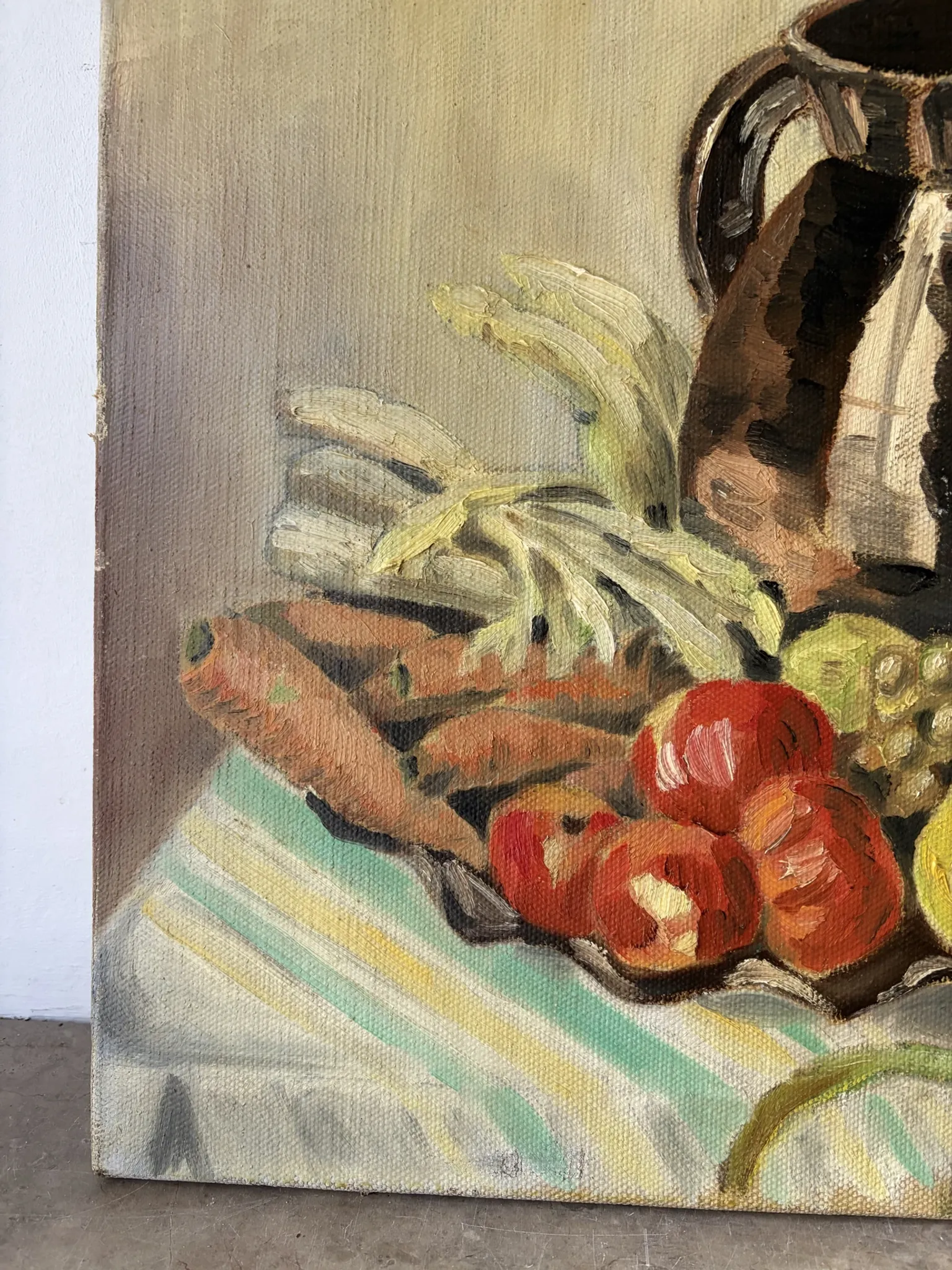 Still life with carrots, oil on canvas signed