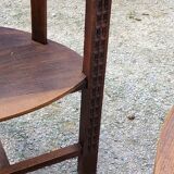 Set of three brutalist tripod armchairs in carved solid oak
