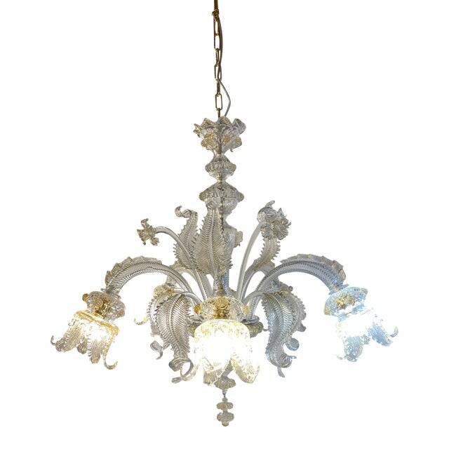 Murano Style Glass Clear and Gold Chandelier With Flowers and Leaves