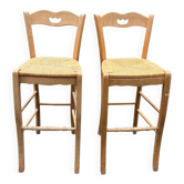2 chaises de bar bois et paille
