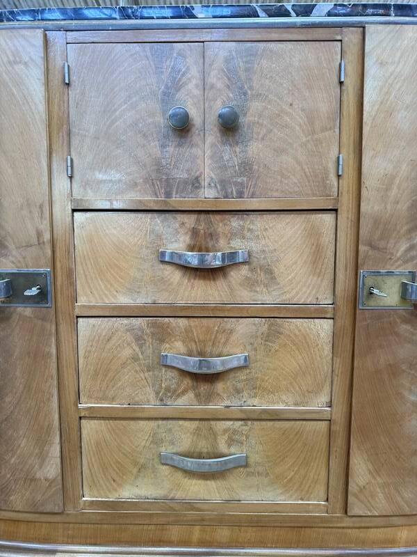 Buffet bas époque Art déco en bois et marbre avec miroir