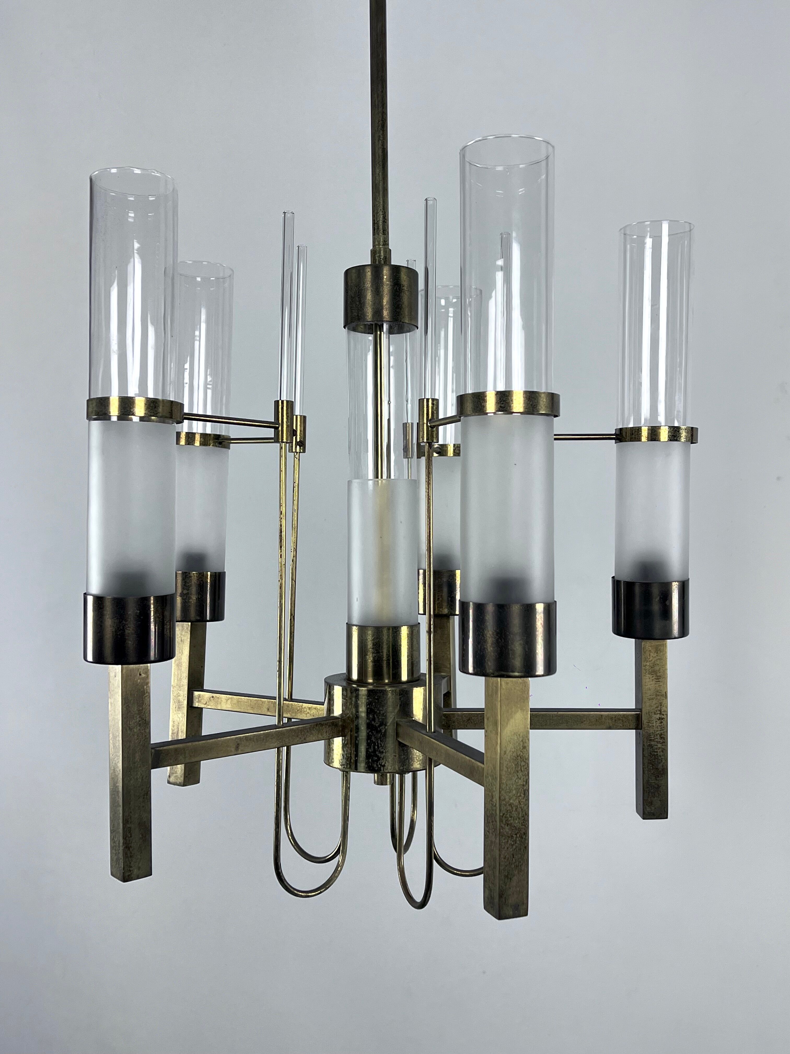 Sciolari, five arms brass and glass tube chandelier. Italy 1960s