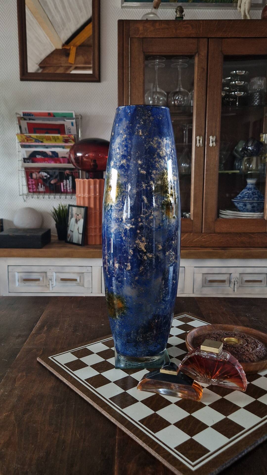 Large eglomisé glass vase "Laque Line" – Unique piece 40 cm