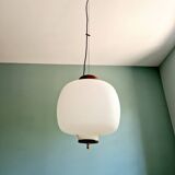 Pendant lamp in teak and white opaline, design Goffredo Reggiani, 1960