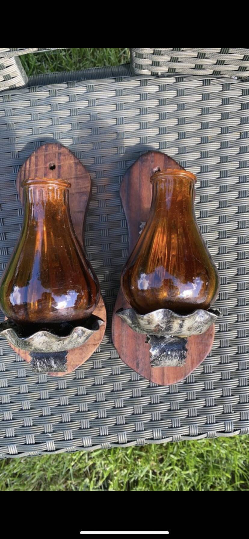 Pair of amber green wall candle holders