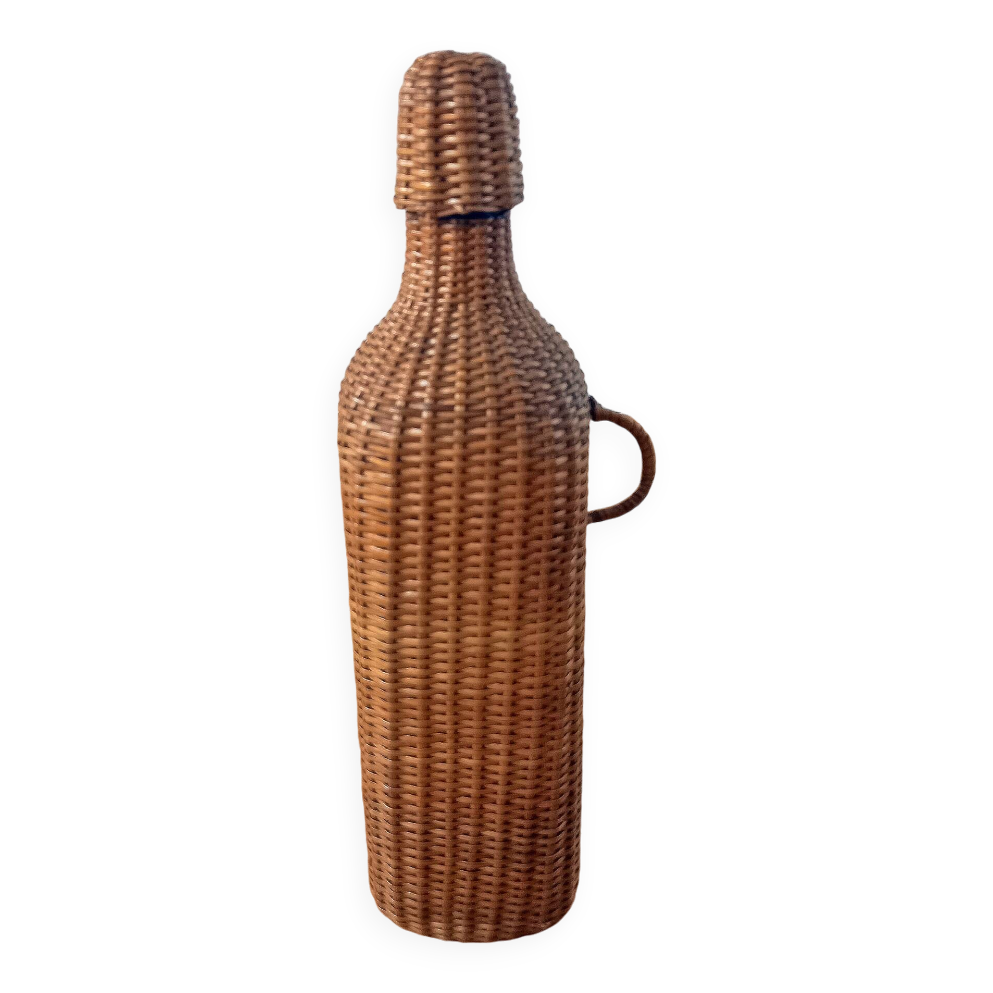Bottle, old carafe in glass and wicker, 1950s