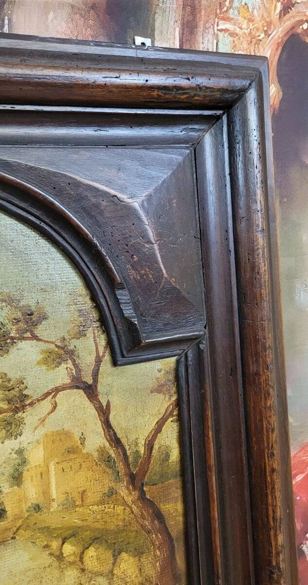 natural wood trumeau with oil painting on panel