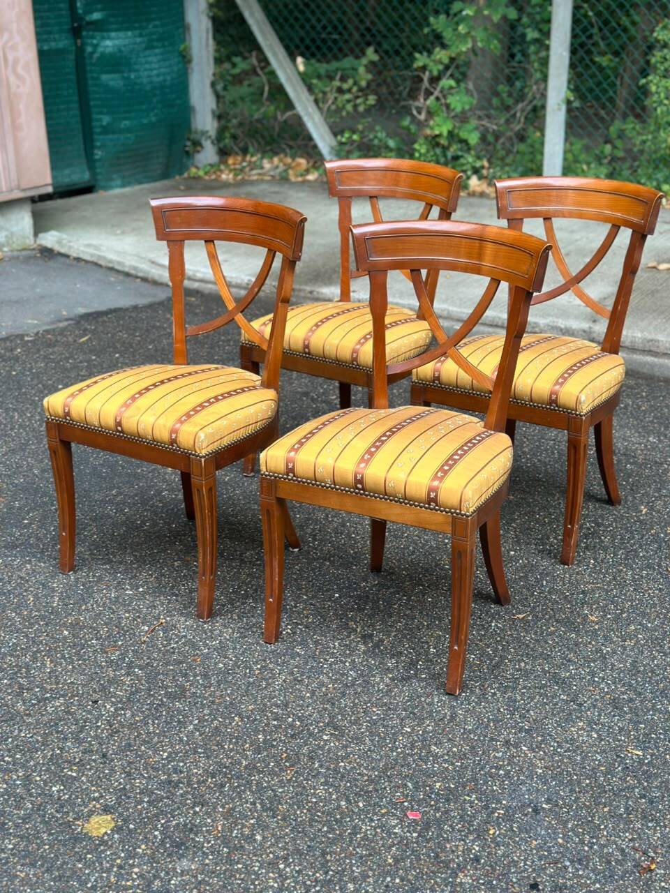 4 Matignon chairs by René Trotel in solid cherry wood and yellow fabric from the 1960s.