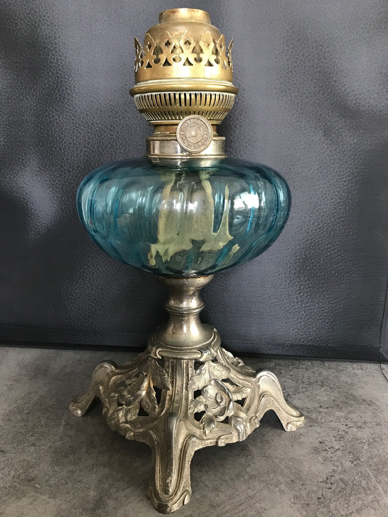 Regulated kerosene lamp foot baroque style blue glass bowl
