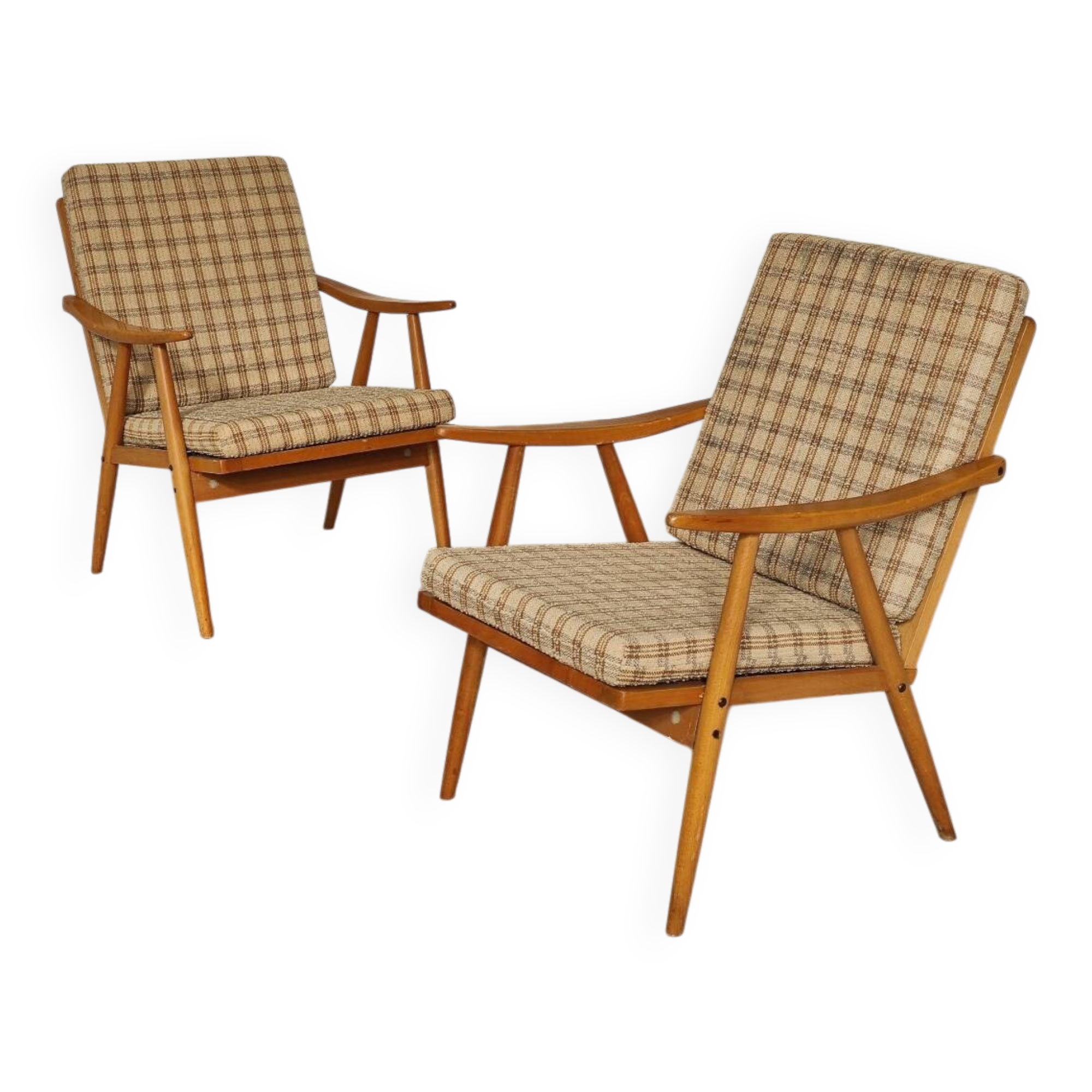 Pair of boomerang armchairs by antonin suman for ton (thonet)