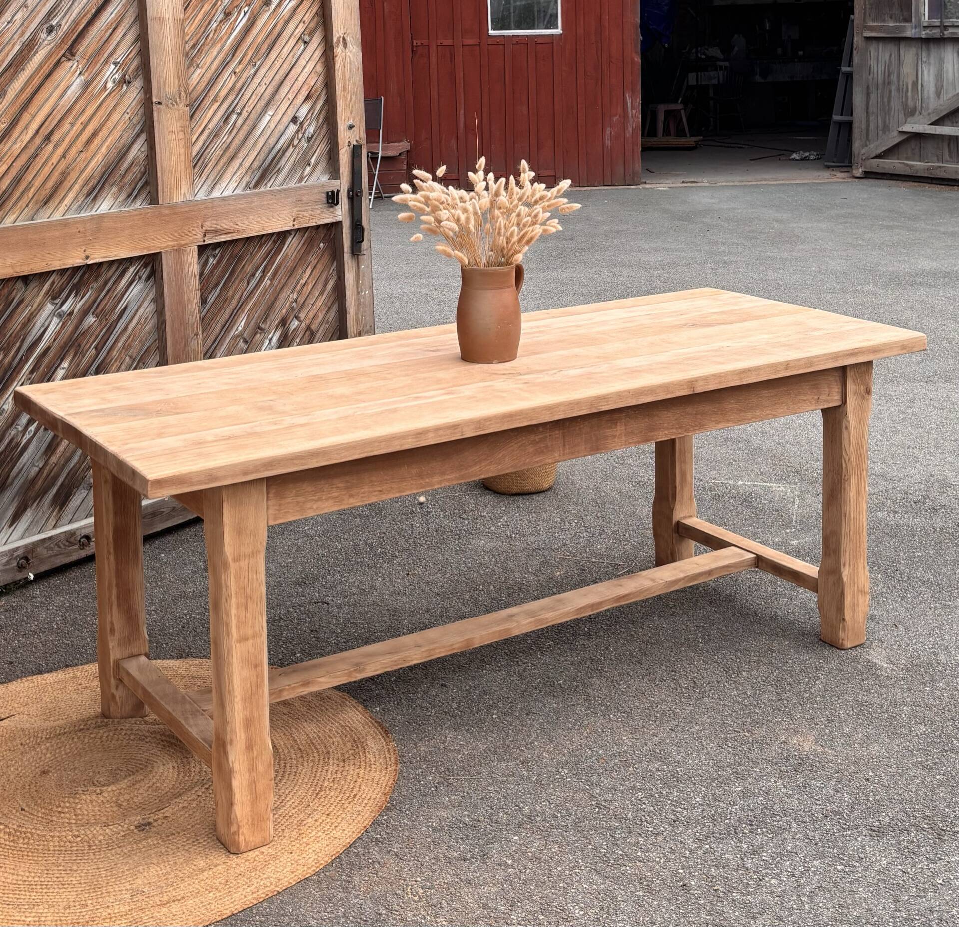 Large antique farmhouse table in raw solid oak.