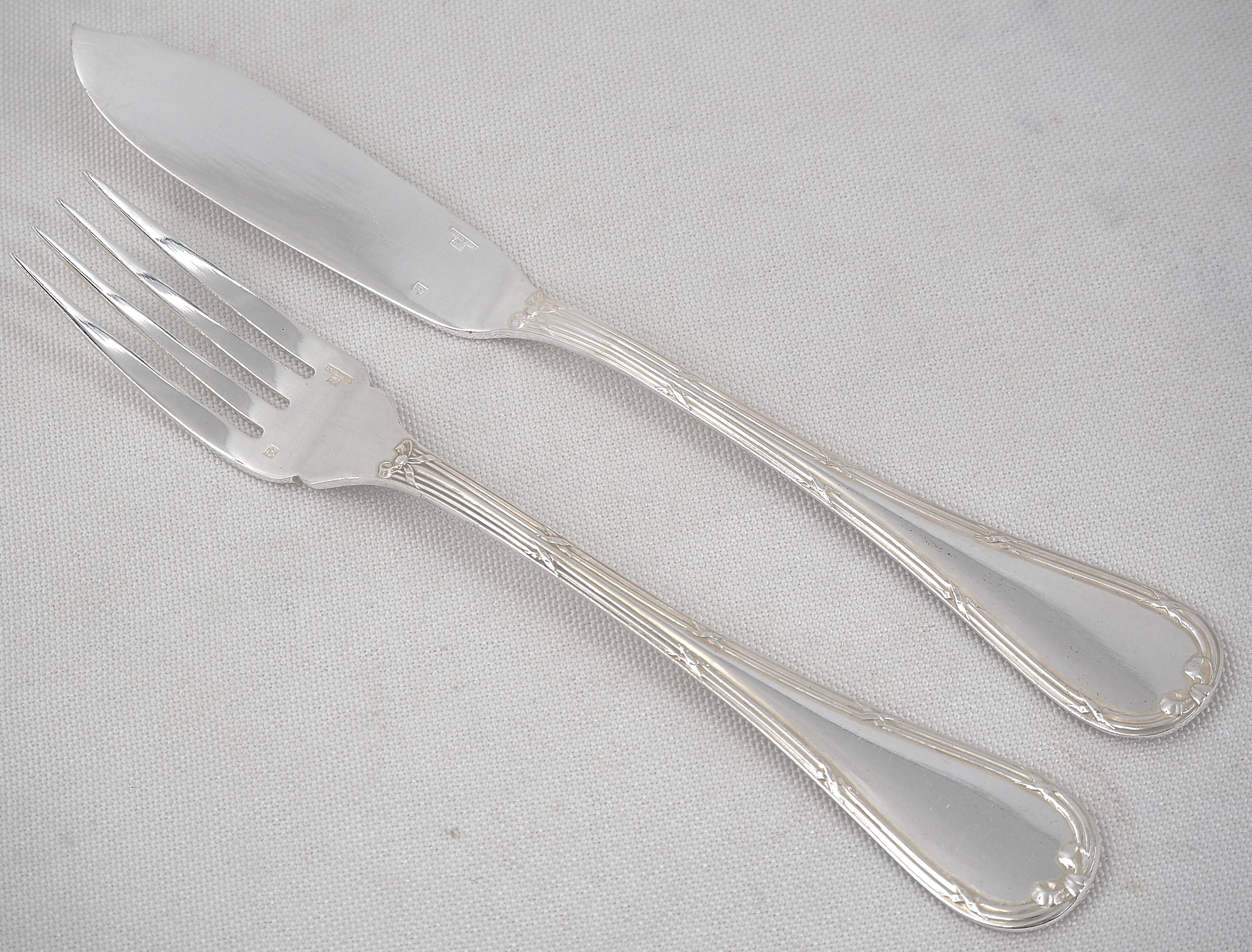 Christofle Ruban 12 fish cutlery sets 24 pieces silver-plated excellent condition