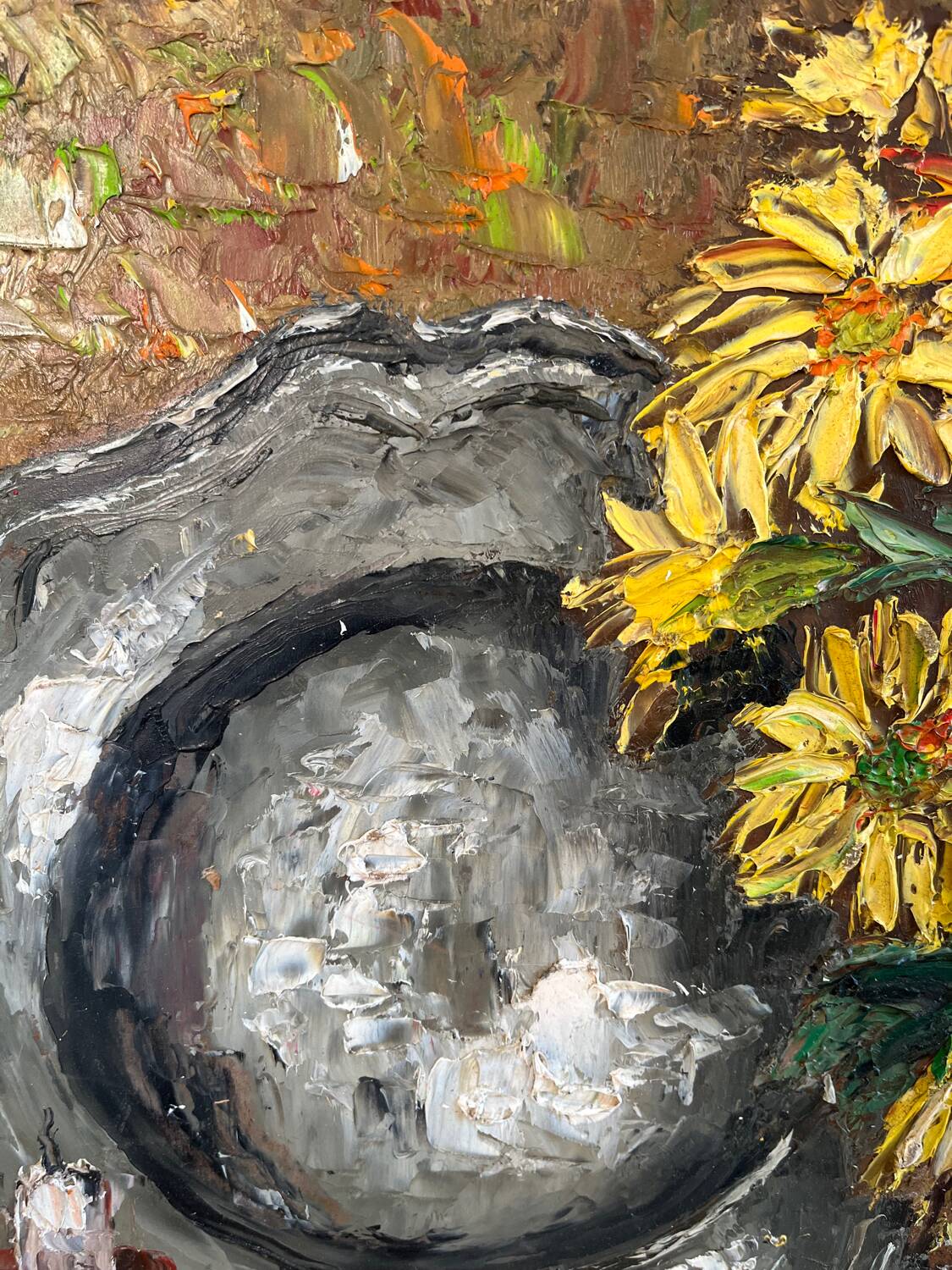 Bouquet avec plateau et bougeoir, technique couteau sur panneau bois