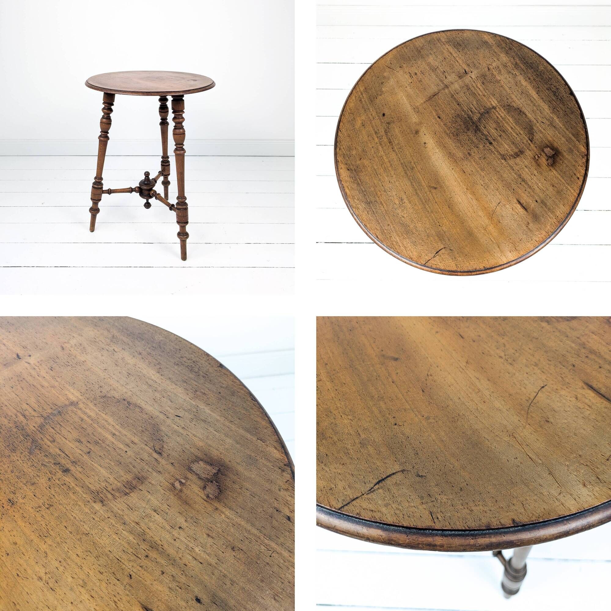 Table d’appoint vintage ronde à trois pieds en bois tourné massif style ant