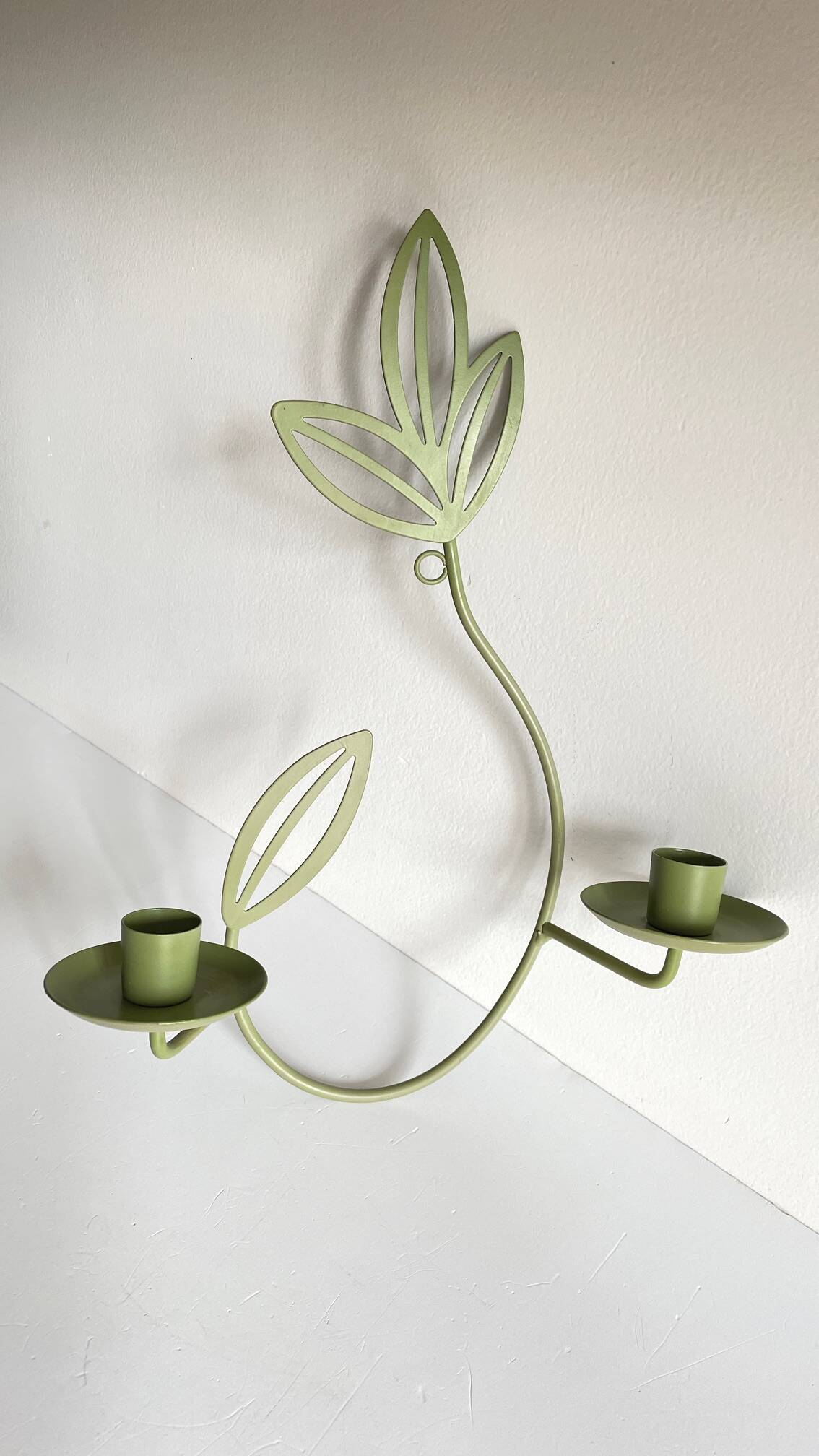 Wall Candle Holder, Green Metal Leaves