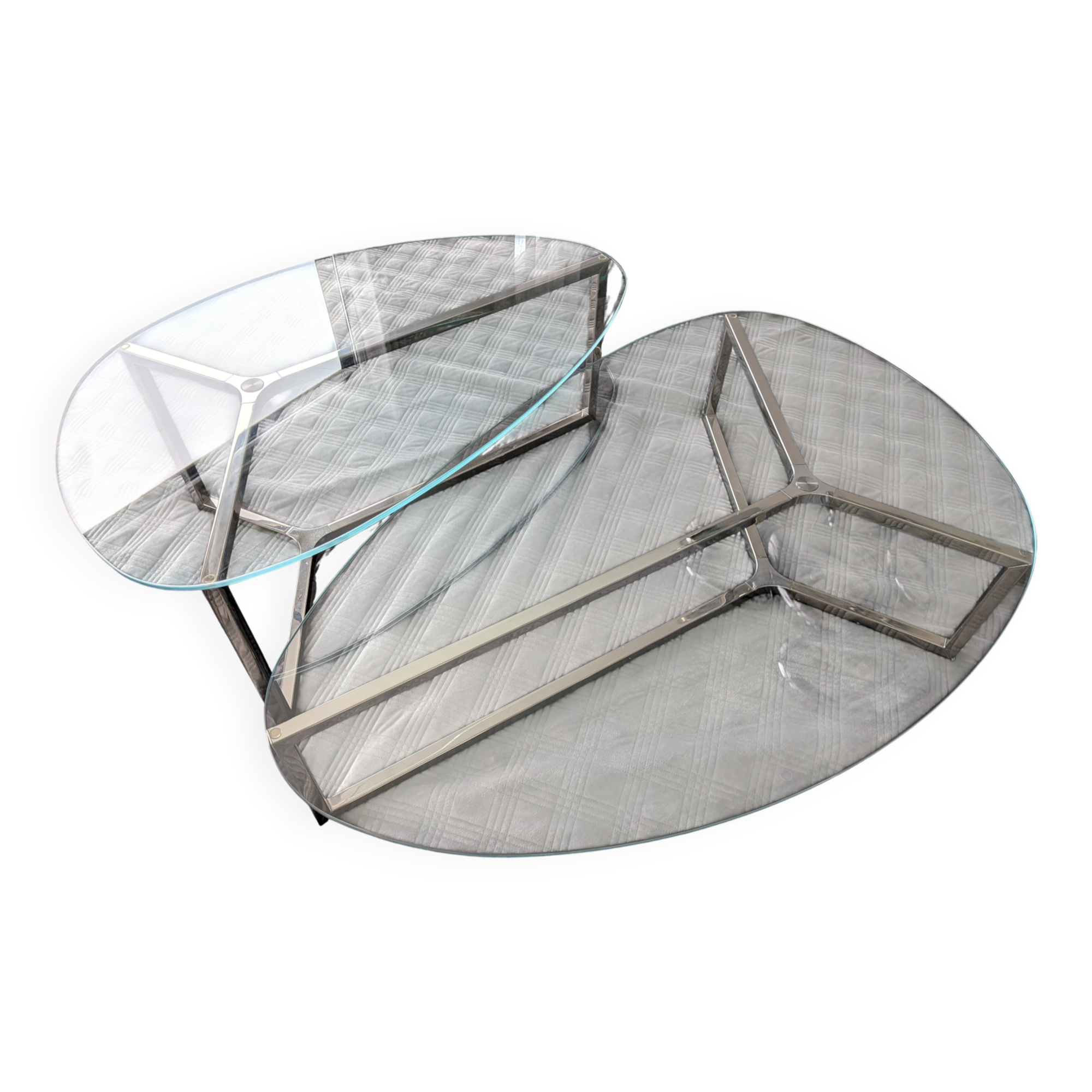 2 oval glass and chrome coffee tables, nesting, stackable, "gal" shape.