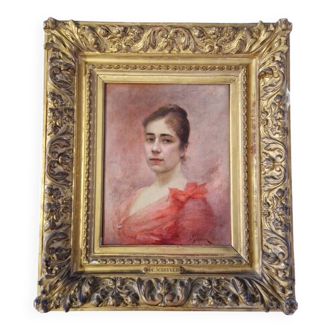 Louis Marie De Schryver (1862-1942) - Oil on canvas - "Portrait of a woman in a pink dress" - Signed