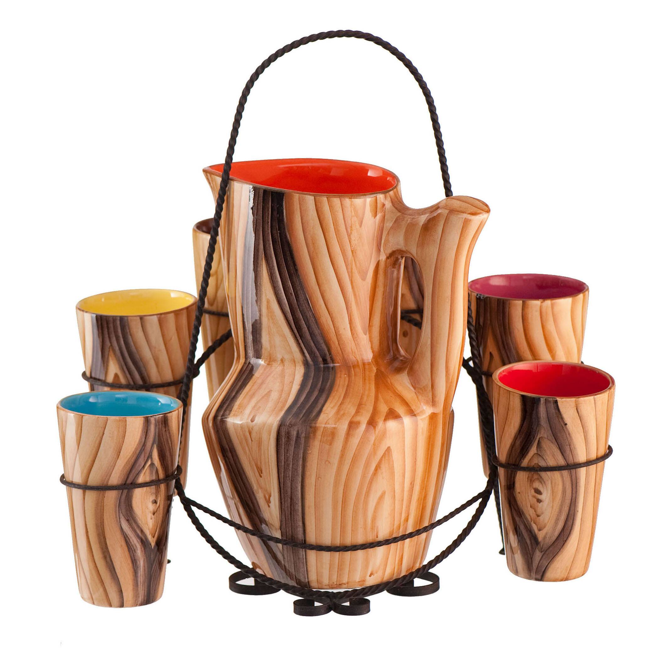 Orangeade service pitcher and 6 ceramic glasses faux wood and wrought iron Vallauris year 50/60