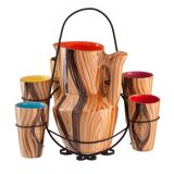 Orangeade service pitcher and 6 ceramic glasses faux wood and wrought iron Vallauris year 50/60