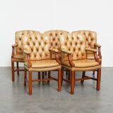 Set of 5 beautiful and luxurious cowhide Chesterfield dining/conference chairs in a light cognac colour