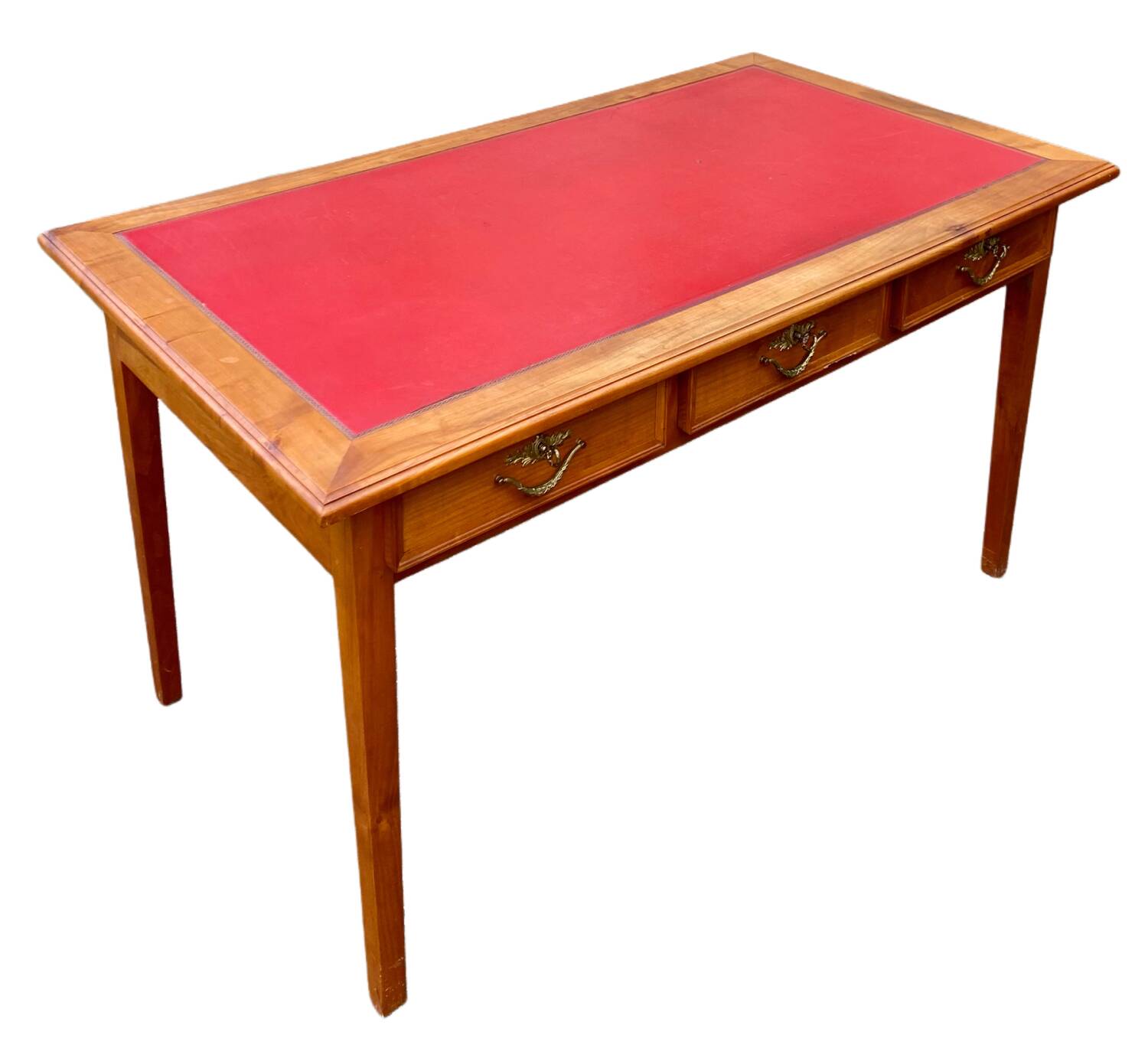 Bureau plat style Louis XVI réversible 6 tiroirs cuir rouge
