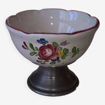 Vintage Jean Goardere hand-painted ceramic and pewter pedestal bowl