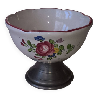 Vintage Jean Goardere hand-painted ceramic and pewter pedestal bowl