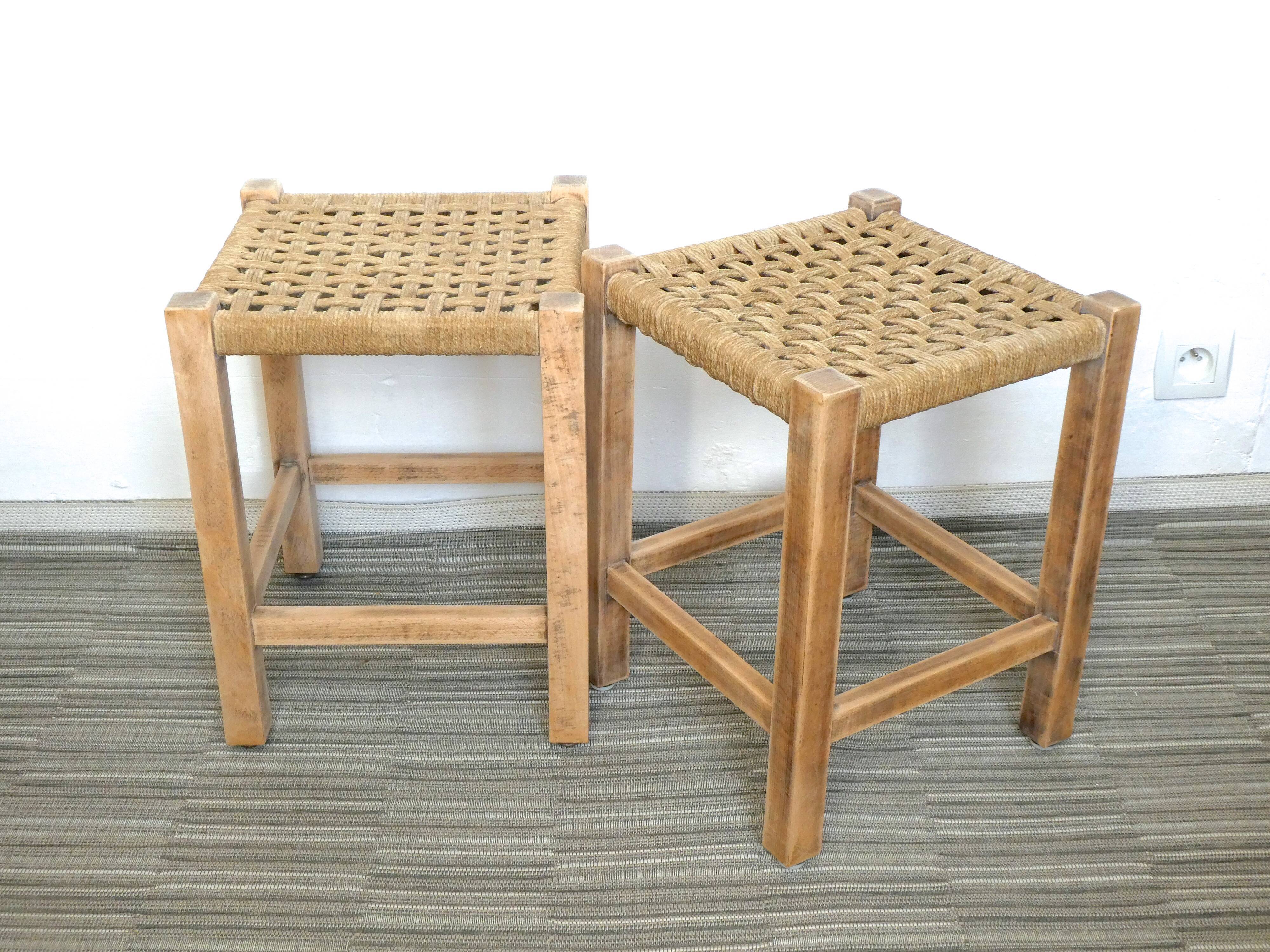 Paire de tabourets en bois et corde années 60