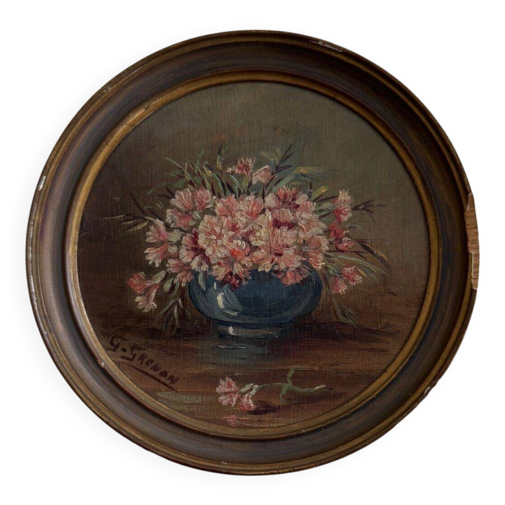 Round miniature by G. Grenon, bouquet of flowers, early 20th century