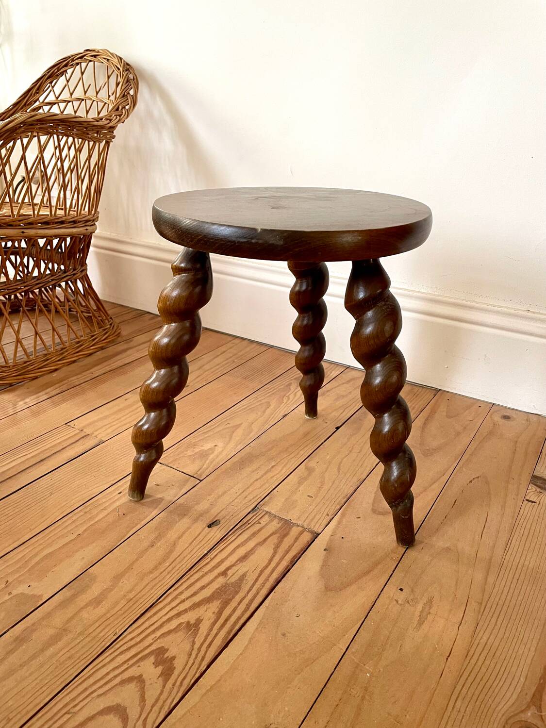 Vintage wooden tripod stool with turned legs