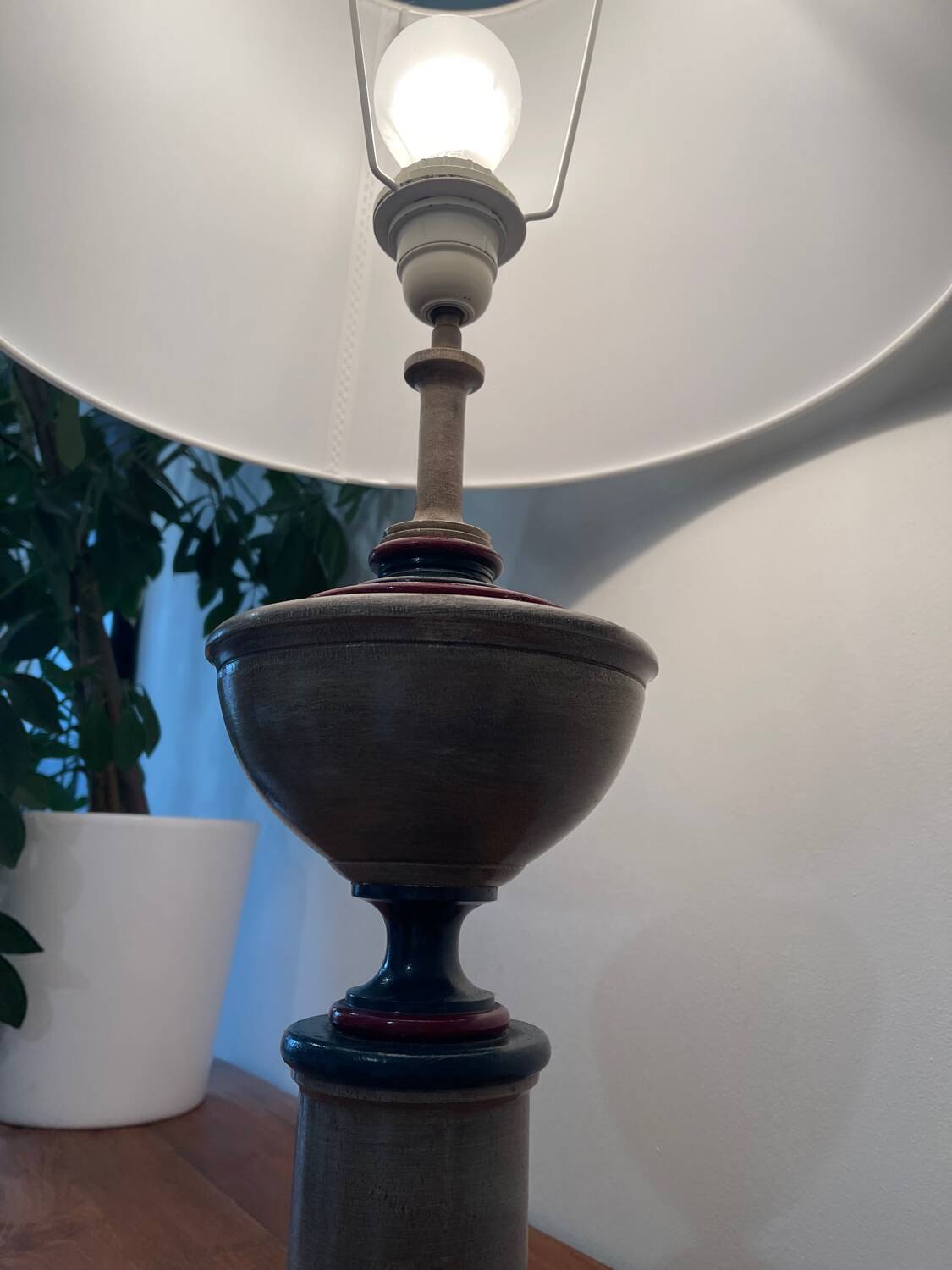 Large turned wooden lamp