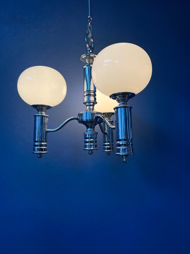 Mid-century white opaline glass chandelier with chrome frame