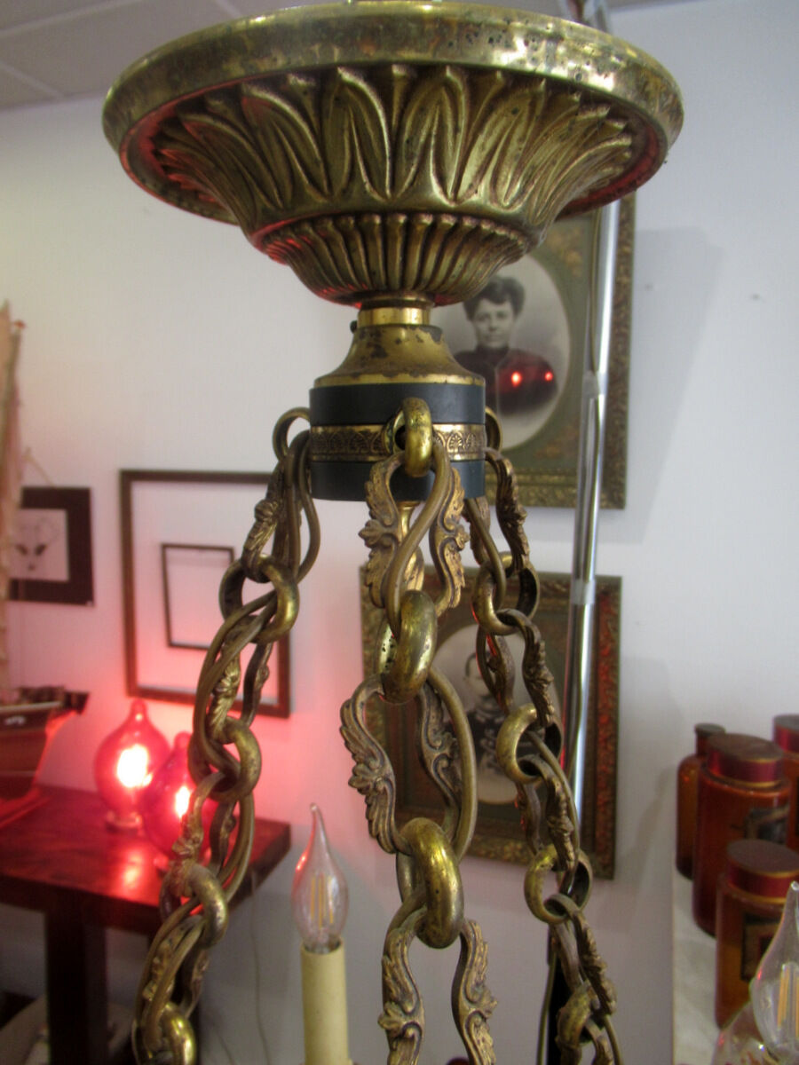 Empire style chandelier gilded bronze and green painted sheet metal