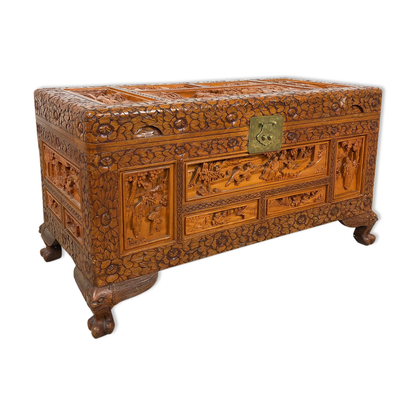 Vintage Chinese carved camphor wood chest on claw feet