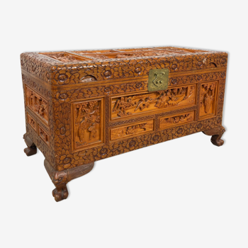 Vintage Chinese carved camphor wood chest on claw feet