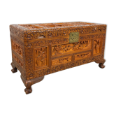 Vintage Chinese carved camphor wood chest on claw feet